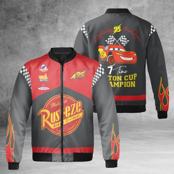 Racing Car Champion Bomber Jacket | Lightning 95 Graphic Print | Durable Nylon Streetwear | Unisex Premium Sportswear Gift