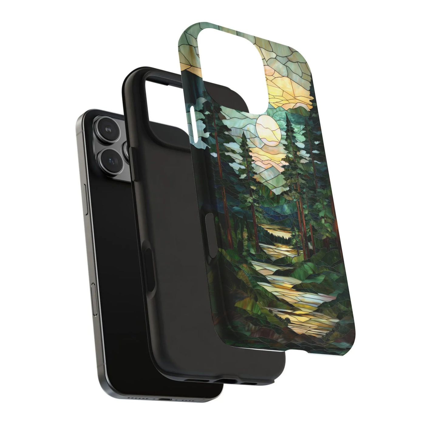 Stained Glass Landscape iPhone Case | Forest River Mountain Art | Dual-Layer Polycarbonate Protection | Nature Lover Gift for