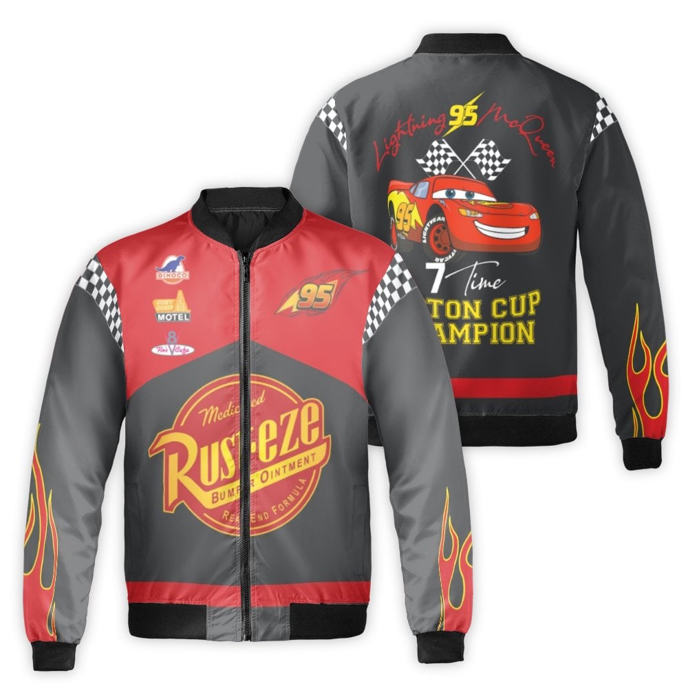 Racing Car Champion Bomber Jacket | Lightning 95 Graphic Print | Durable Nylon Streetwear | Unisex Premium Sportswear Gift