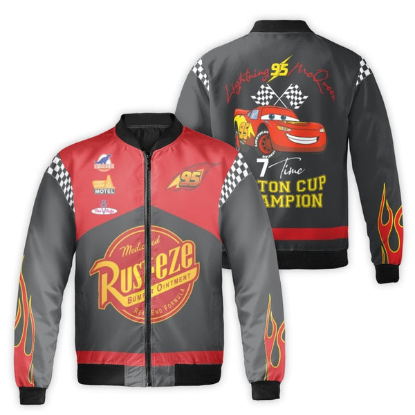Racing Car Champion Bomber Jacket | Lightning 95 Graphic Print | Durable Nylon Streetwear | Unisex Premium Sportswear Gift