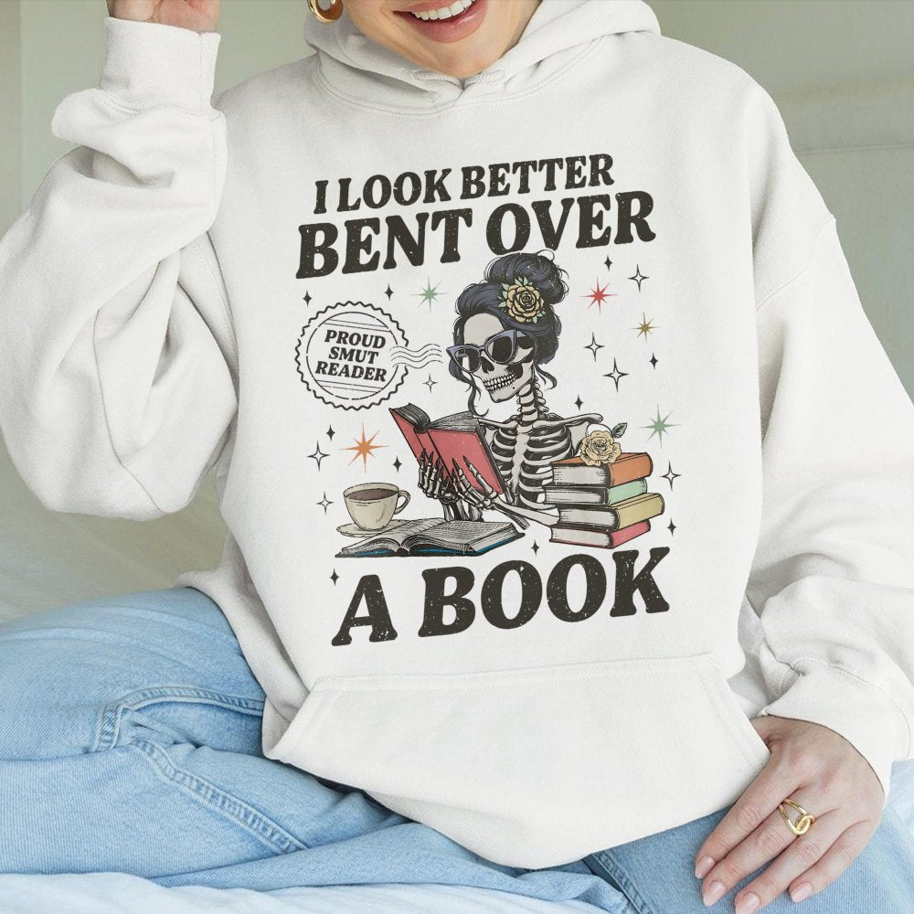 Smut Reader Hoodie | Funny Skeleton Bookworm Graphic | Premium Cotton Blend | Gift for Romance Book Lovers