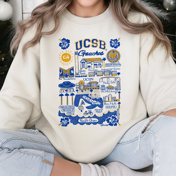 UCSB Gauchos Sweatshirt | Illustrated University of California Santa Barbara Map Art | Premium Cotton Blend | Gift for Studen
