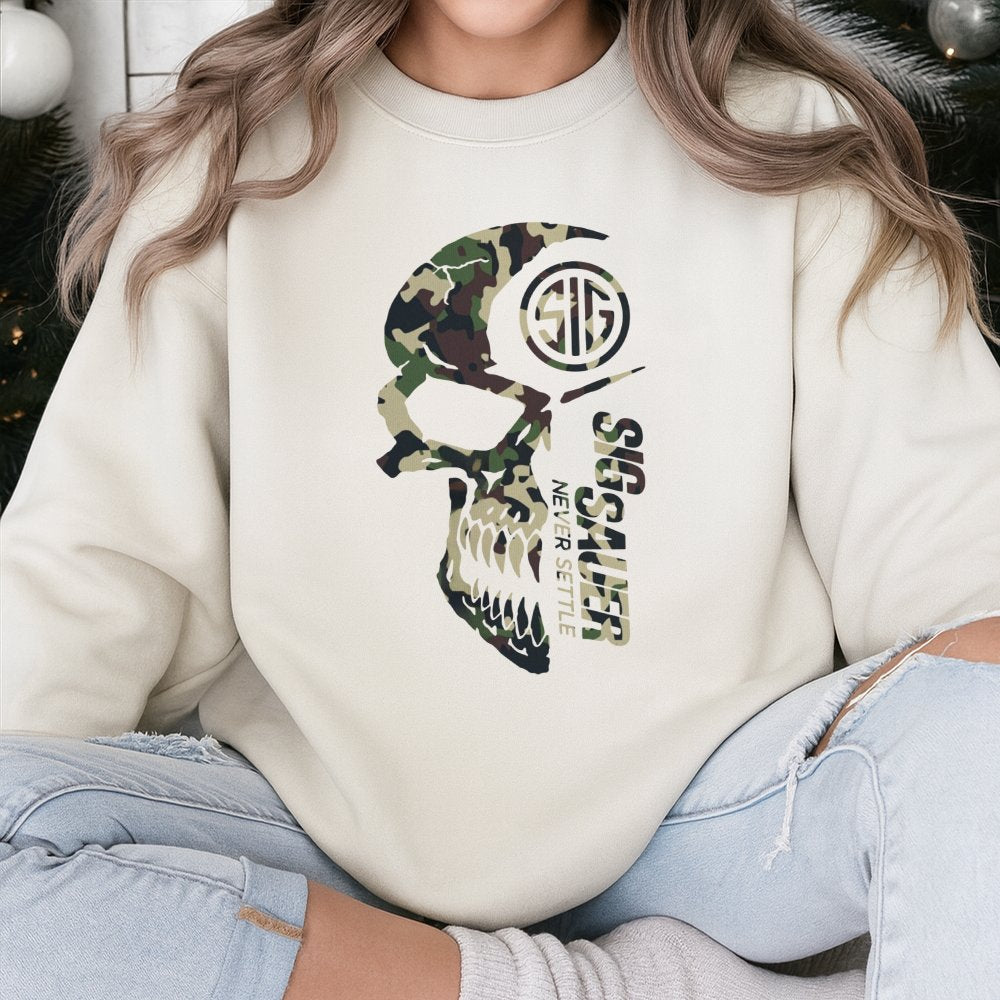 Sig Sauer Skull Sweatshirt | Camo Tactical Logo Print | Premium Cotton Blend Crewneck | Outdoor Enthusiast Gift For Men And W