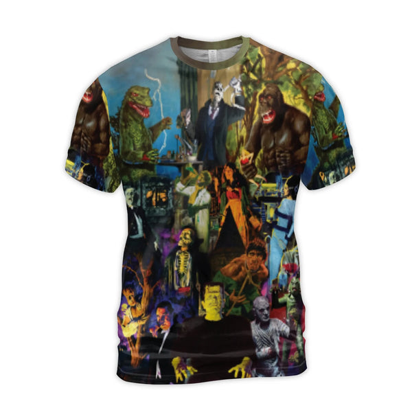 Classic Horror Movie Monsters T-Shirt | Retro Film Characters Collage AOP | Premium Poly-Spandex Blend | Unique Gift for Horr