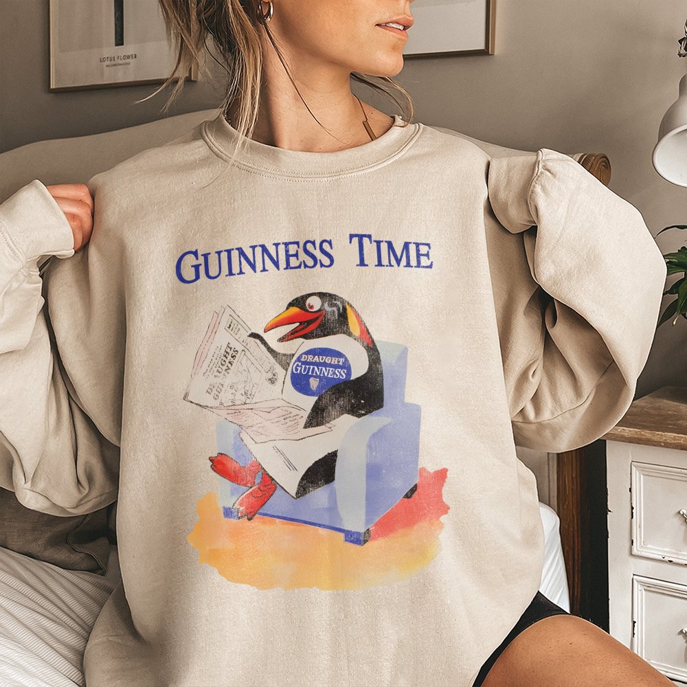 Vintage Penguin Sweatshirt | Retro Guinness Time Graphic Print | Premium Cotton Blend Crewneck | Funny Beer Lover Gift For Hi