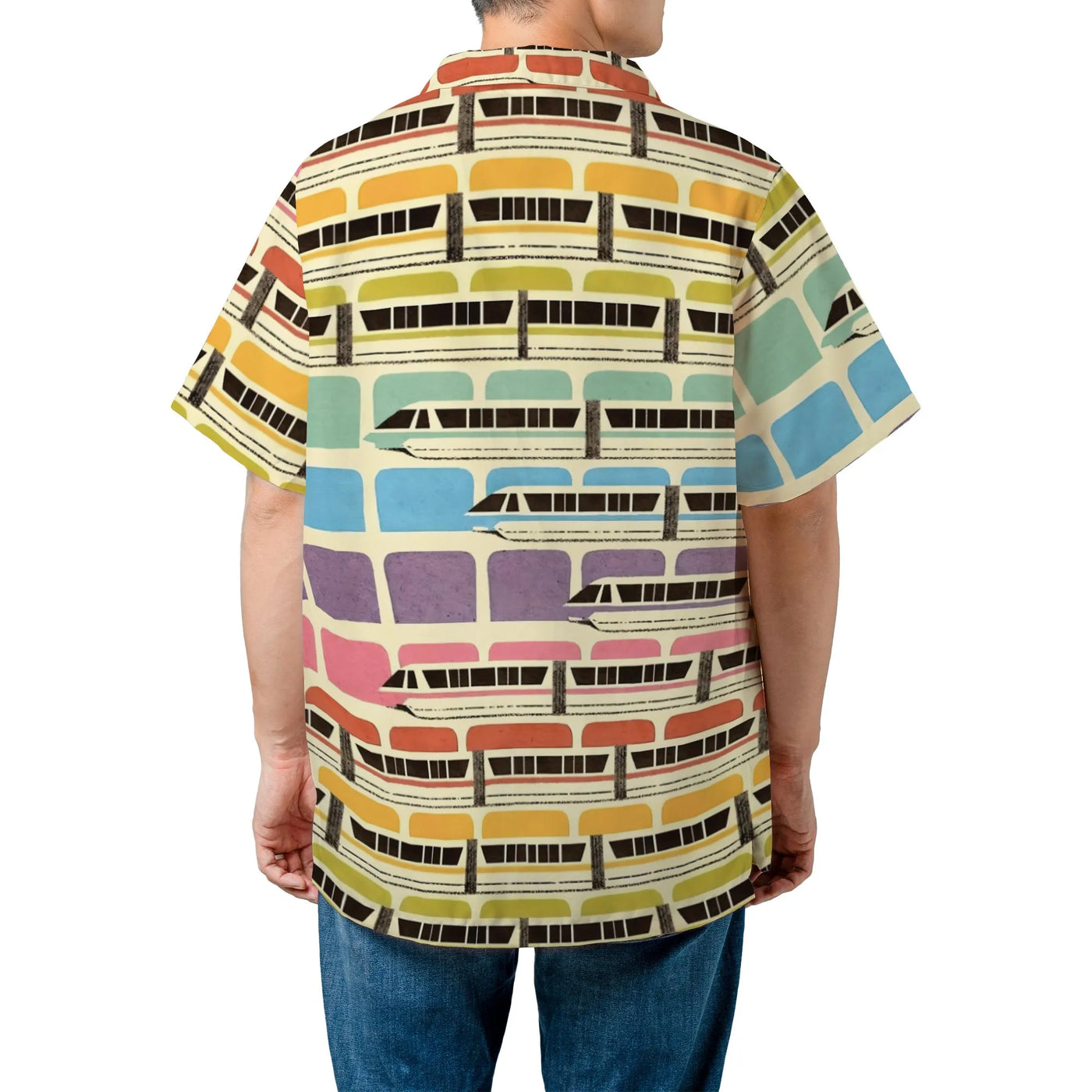 Retro Monorail Hawaiian Shirt | Mid-Century Transportation Print | Lightweight Woven Polyester | Gift for Theme Park & Train 