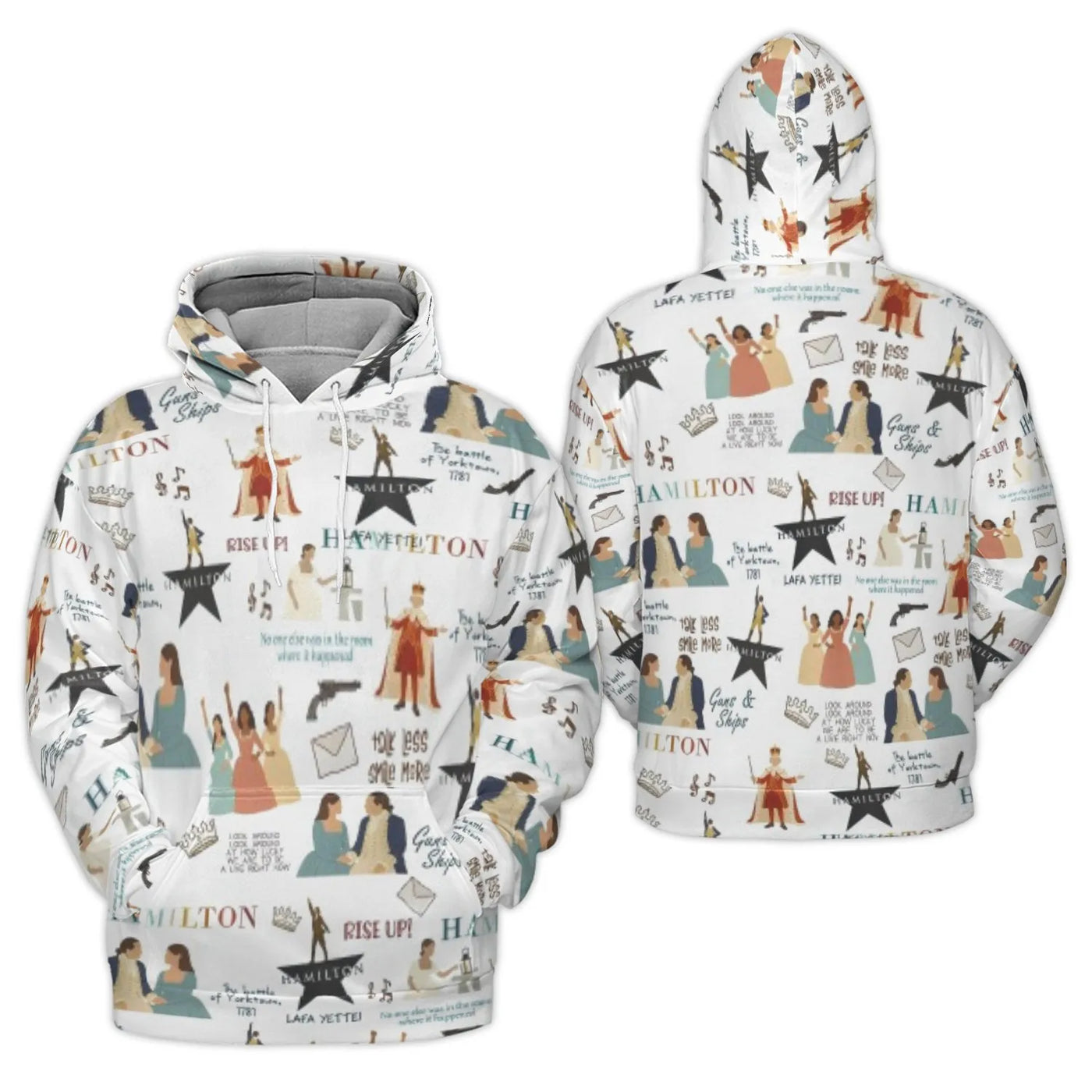 Musical Theatre Fan Hoodie | Hamilton Collage All-Over Print | Premium Polyester Brushed Fleece | Unique Broadway Gift for Wo