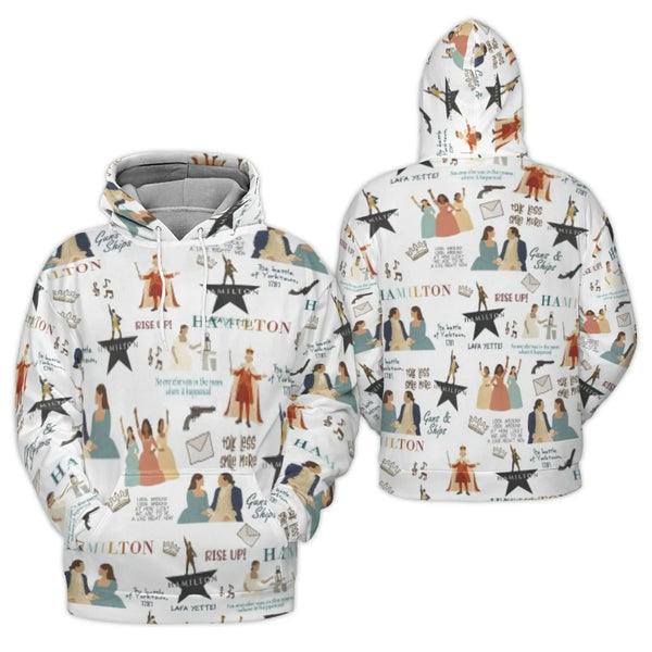 Musical Theatre Fan Hoodie | Hamilton Collage All-Over Print | Premium Polyester Brushed Fleece | Unique Broadway Gift for Wo