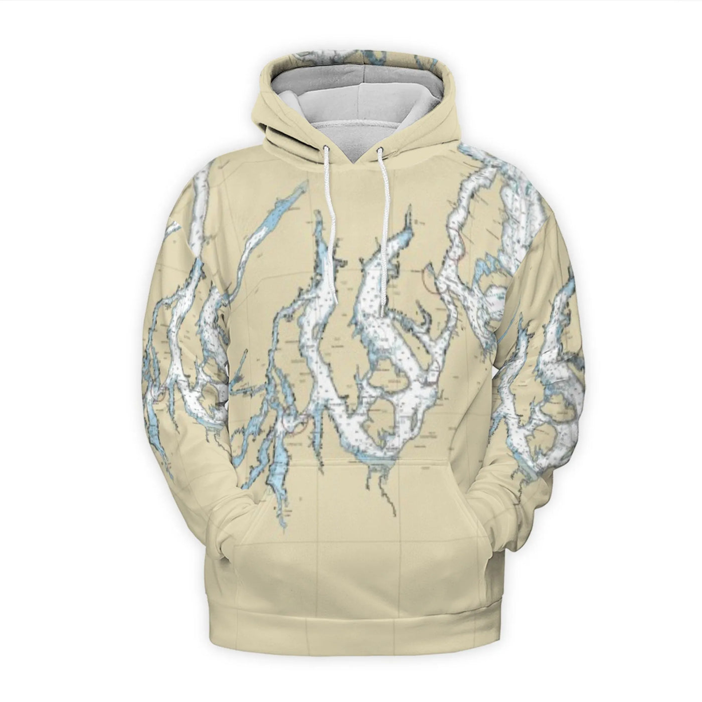 Puget Sound Nautical Chart Hoodie | All-Over Print Map Graphic | Premium Polyester Fleece | Gift For Sailors & Pacific Northw