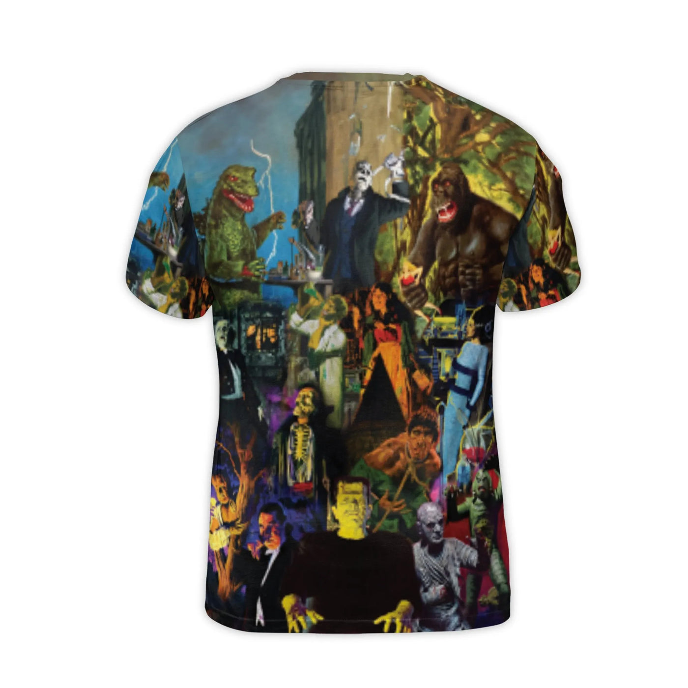 Classic Horror Movie Monsters T-Shirt | Retro Film Characters Collage AOP | Premium Poly-Spandex Blend | Unique Gift for Horr