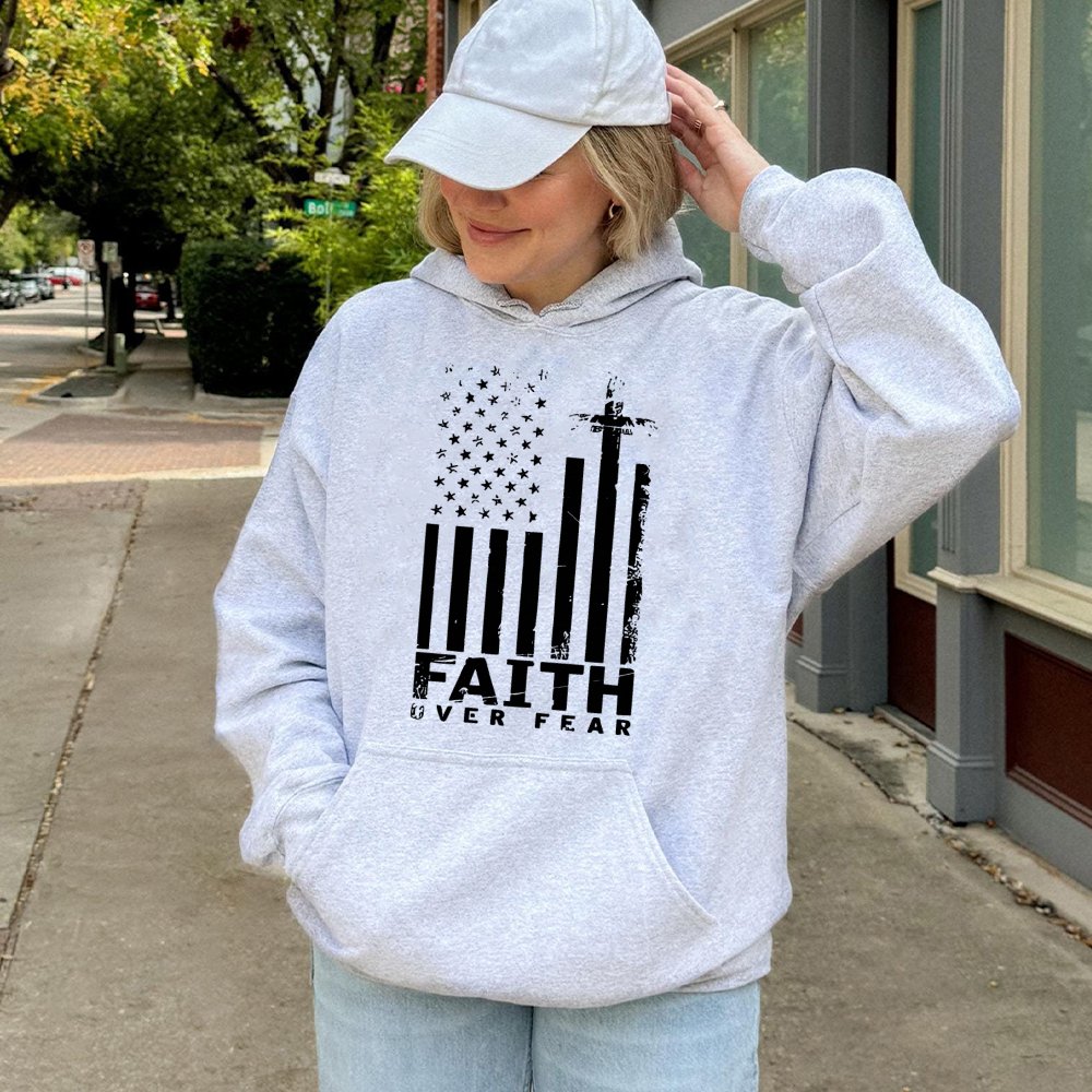 Faith Over Fear Hoodie | American Flag Cross Graphic | Premium Cotton Blend Apparel | Inspirational Christian Gift for Men an