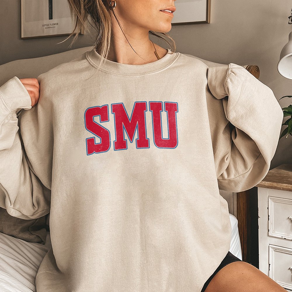 SMU University Sweatshirt | Distressed Varsity Block Letter Print | Premium Cotton-Blend Crewneck | Cozy College Apparel for 