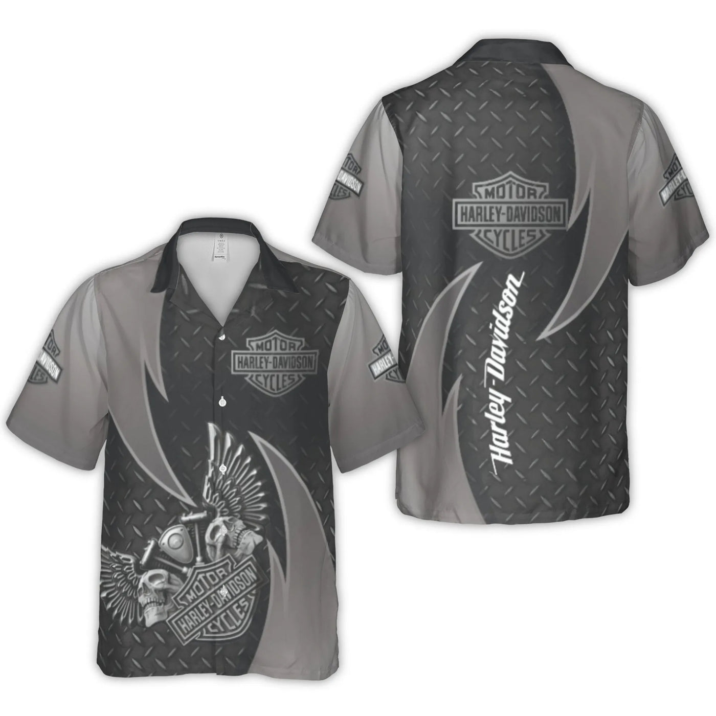 Motorcycle Skull Hawaiian Shirt | Diamond Plate Pattern Graphic | Lightweight Woven Polyester | Premium Biker Gift For Men