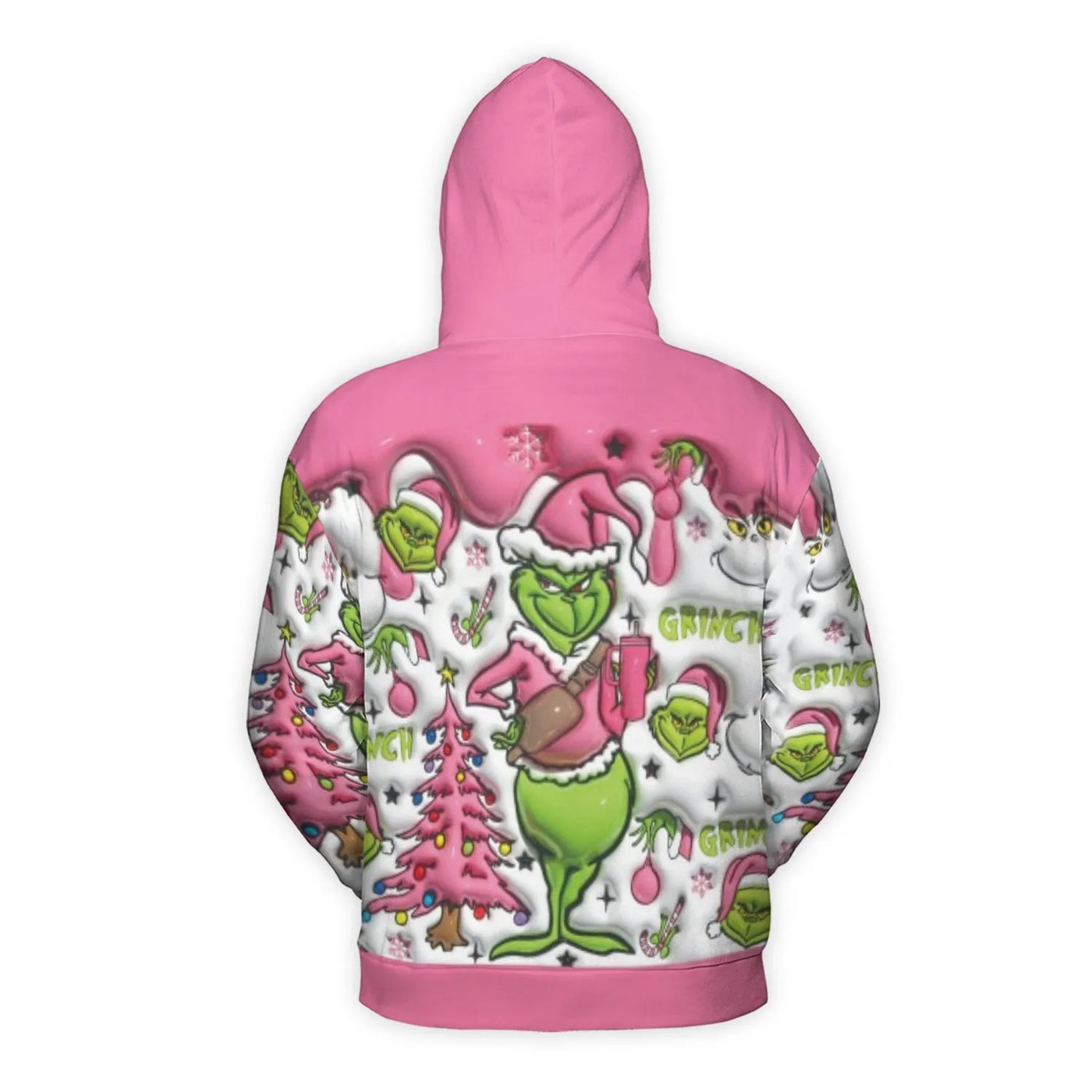 Pink Grinch Christmas Hoodie | All-Over Print Holiday Sweater | Premium Polyester Brushed Fleece | Festive Unisex Winter Pull