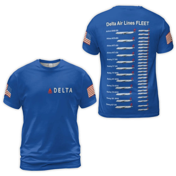 Delta Air Lines Fleet T-Shirt | 3D Graphic Airplane Print & US Flag | Premium Polyester Jersey | Aviation Enthusiast Gift