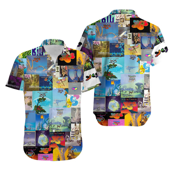 Yes Band Album Cover Collage Hawaiian Shirt | Retro Prog Rock Graphic Print | Premium Aloha Beach Shirt | Music Fan Gift For 