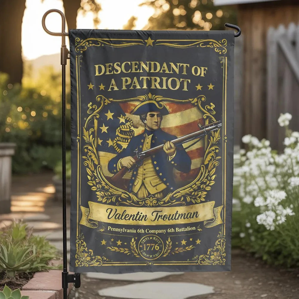 Descendant of a Patriot Garden Flag | Personalized 1776 Revolutionary War Design | Weatherproof Double Sided Polyester | Gift