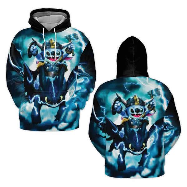 Alien Blue Character Viking Hoodie | Thunder Storm Graphic 3D Print | Premium Polyester Fleece | Unisex Pop Culture Fantasy G