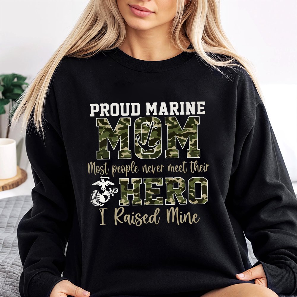 Proud Marine Mom Sweatshirt | Camo Military Hero Graphic | Premium Cotton Blend | Gift for USMC Mother, Graduation, Deploymen