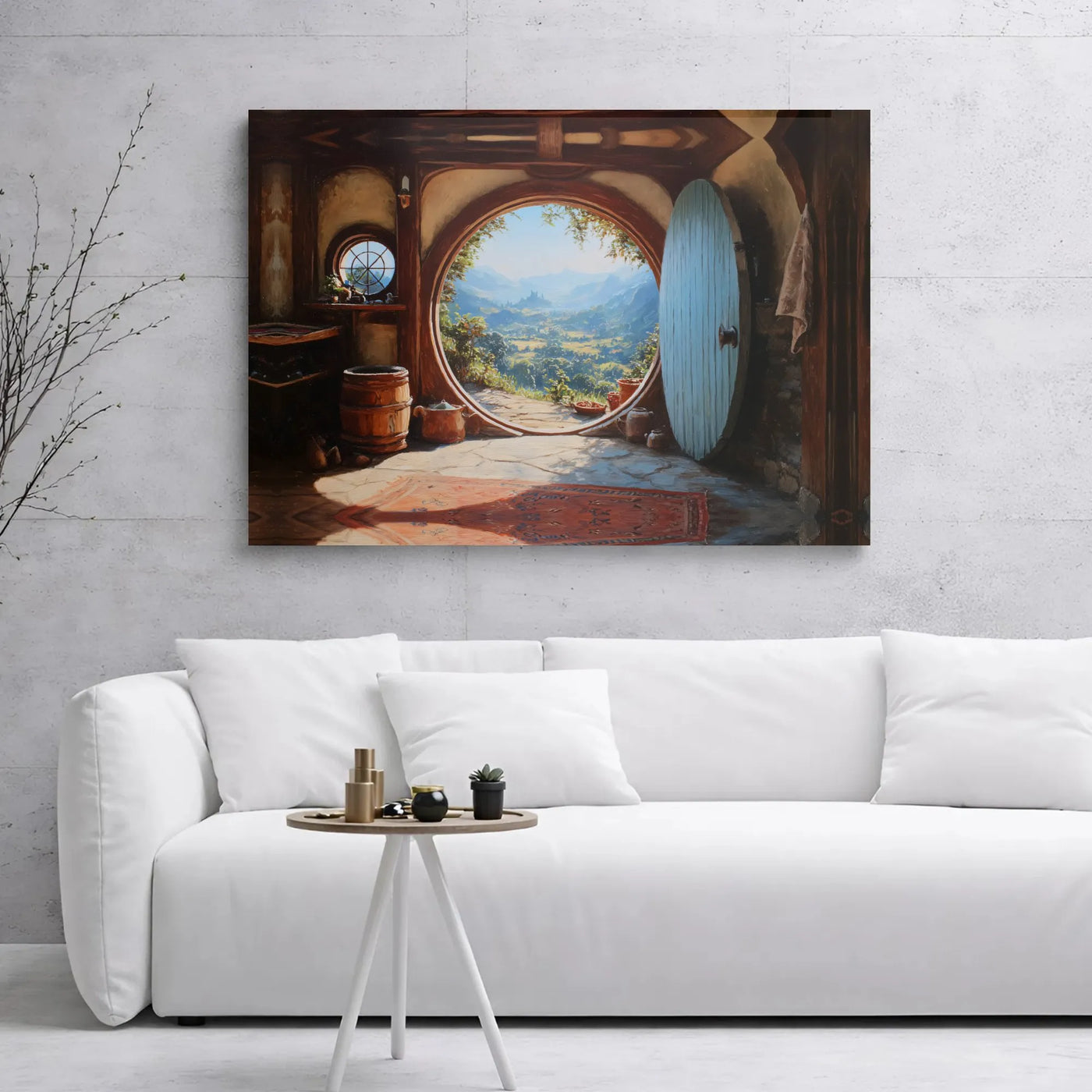 Fantasy Landscape Canvas Wall Art | Round Door Hobbit Home View | Premium Stretched Gallery Wrap | Unique Gift for Book and M
