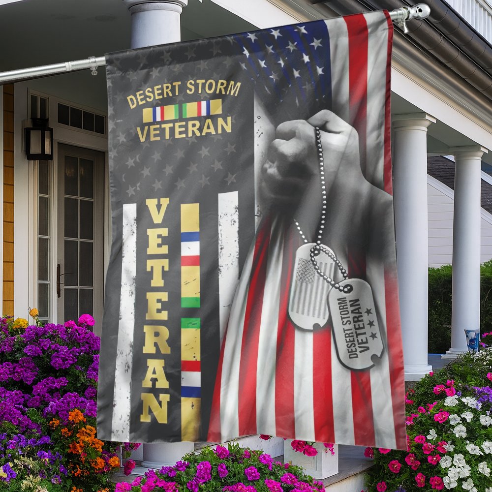 Desert Storm Veteran Garden Flag | US American Military Dog Tag Design | Premium Weather-Resistant Polyester | Patriotic Gift