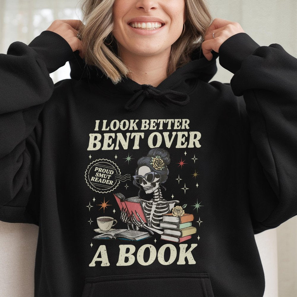 Smut Reader Hoodie | Funny Skeleton Bookworm Graphic | Premium Cotton Blend | Gift for Romance Book Lovers