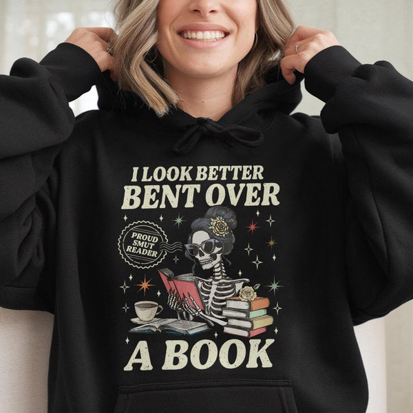 Smut Reader Hoodie | Funny Skeleton Bookworm Graphic | Premium Cotton Blend | Gift for Romance Book Lovers