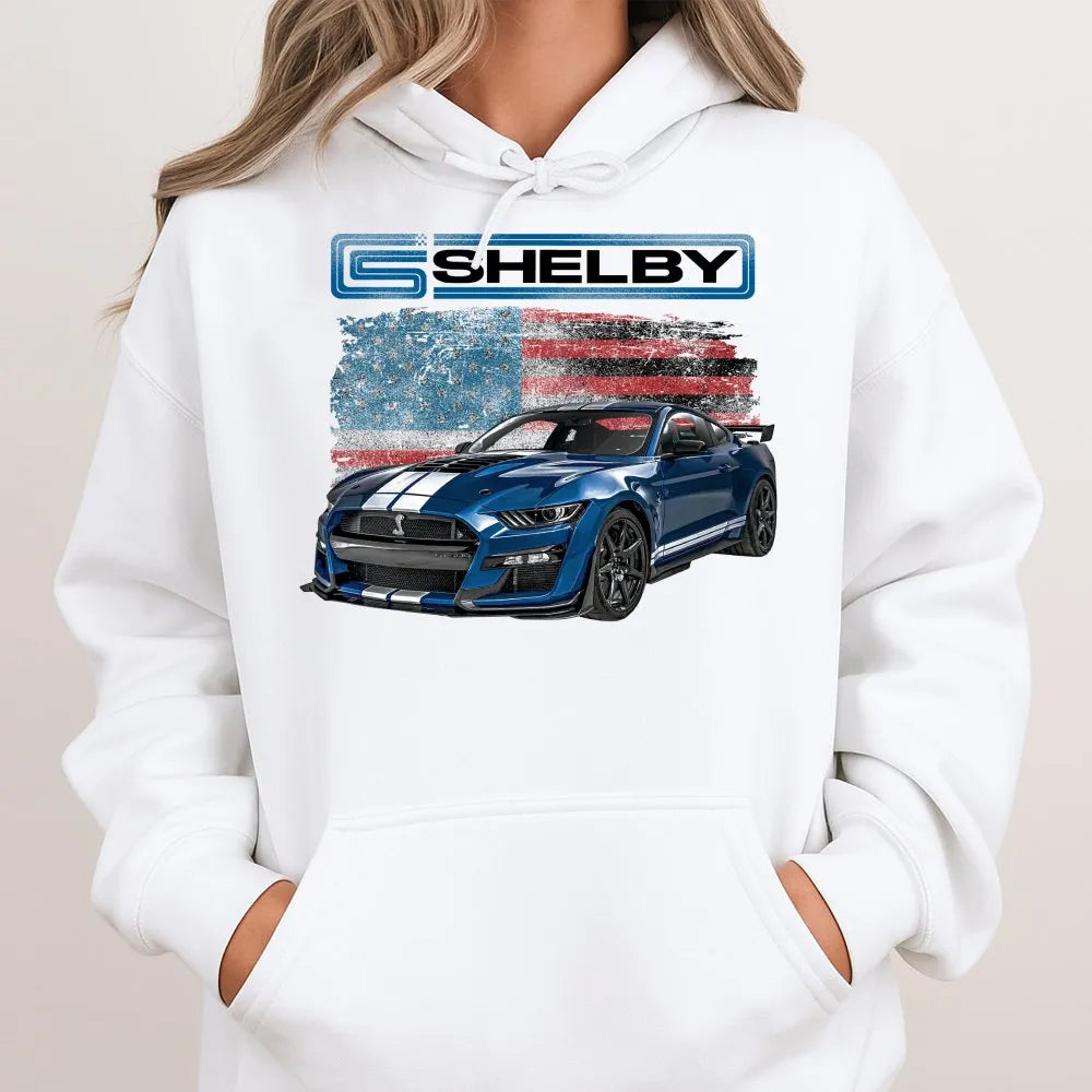 Mustang Muscle Car Hoodie | American Flag Shelby Design | Premium Cotton Blend Pullover | Gift for Car Enthusiast & Gearhead
