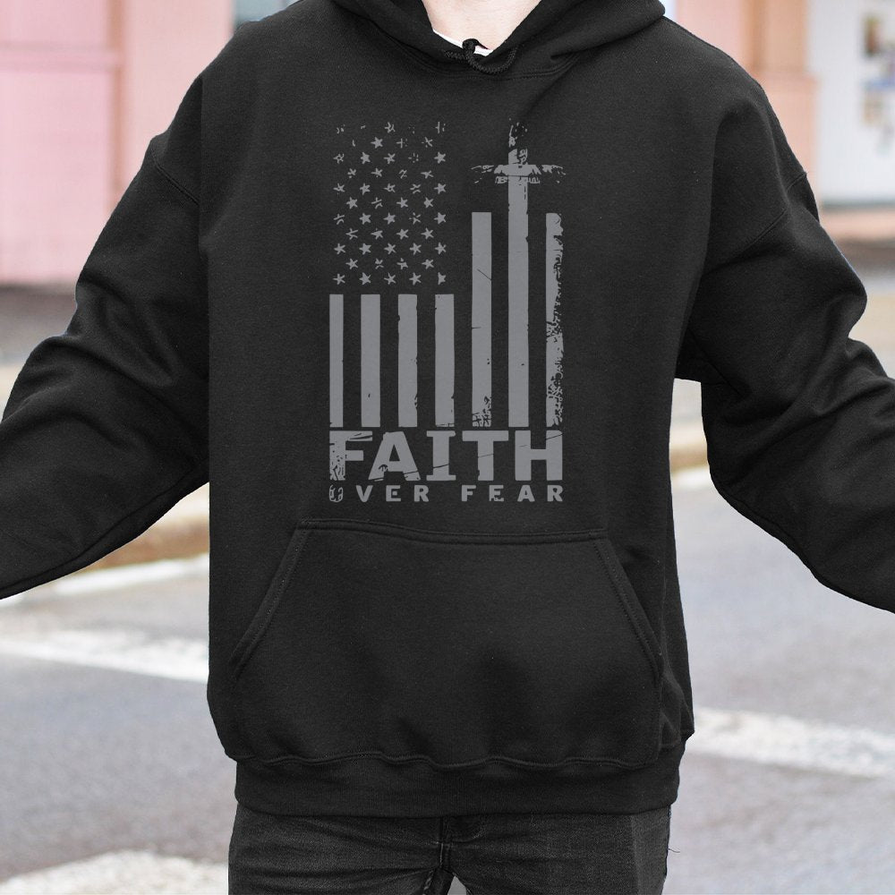 Faith Over Fear Hoodie | American Flag Cross Graphic | Premium Cotton Blend Apparel | Inspirational Christian Gift for Men an