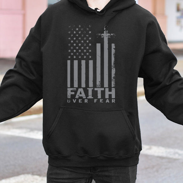 Faith Over Fear Hoodie | American Flag Cross Graphic | Premium Cotton Blend Apparel | Inspirational Christian Gift for Men an