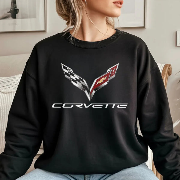 Corvette Logo Sweatshirt | Classic C7 Racing Flag Graphic | Premium Cotton Blend Pullover | Muscle Car Enthusiast Gift