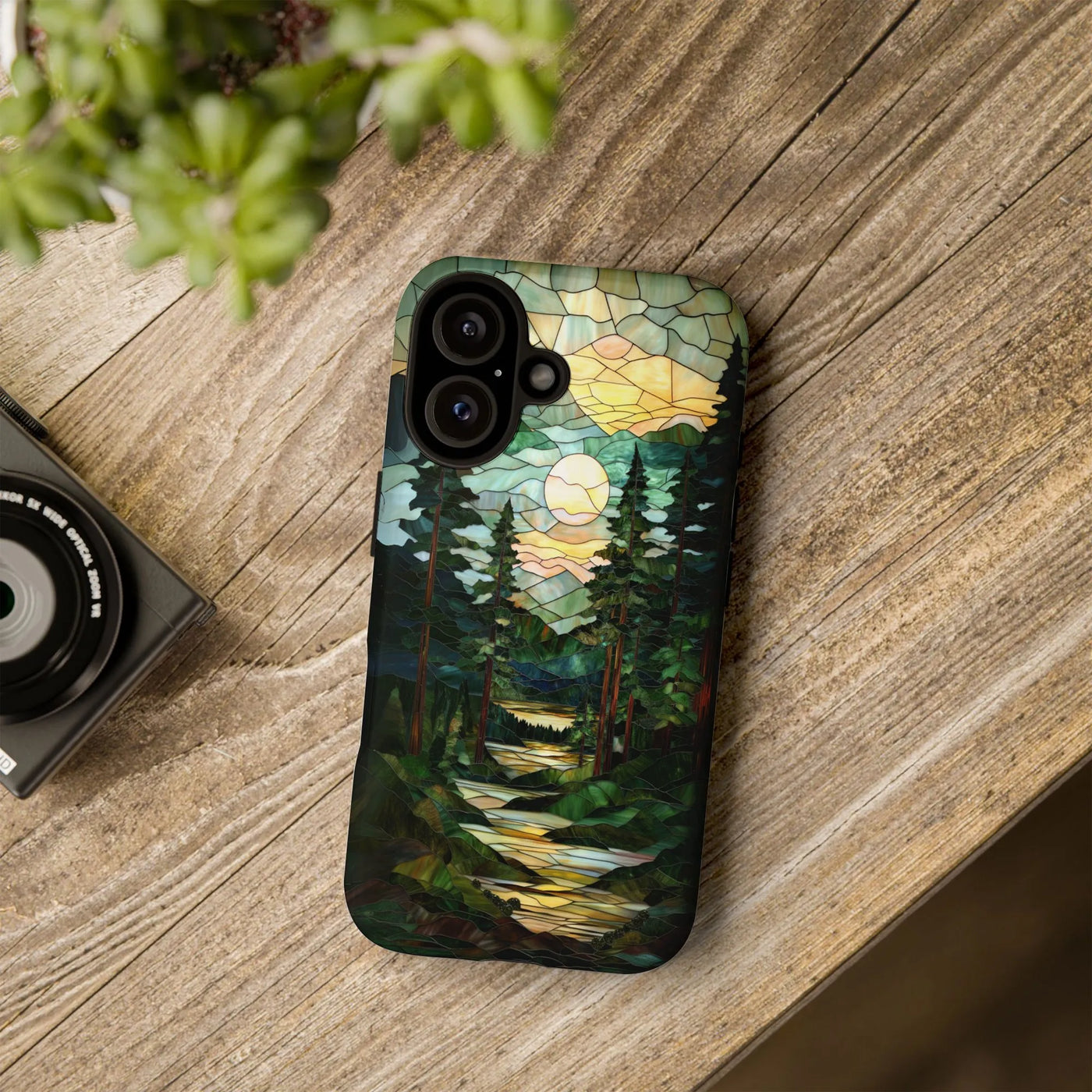 Stained Glass Landscape iPhone Case | Forest River Mountain Art | Dual-Layer Polycarbonate Protection | Nature Lover Gift for