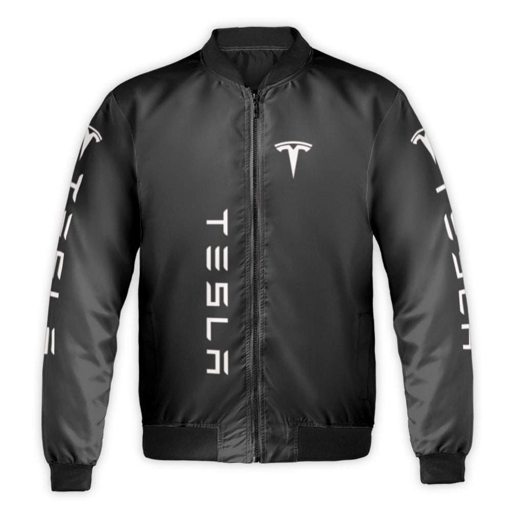 Tesla Logo Bomber Jacket | Unisex Full Zip Streetwear Coat | Durable Nylon Quilted Outerwear | Premium Gift for Electric Car 