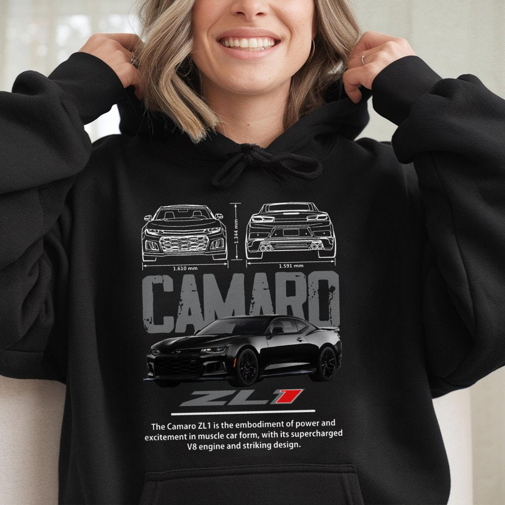 Camaro ZL1 Hoodie | Muscle Car Blueprint Graphic Art | Premium Cotton Blend | Gift For Car Enthusiast, Gearhead, Drag Racing 