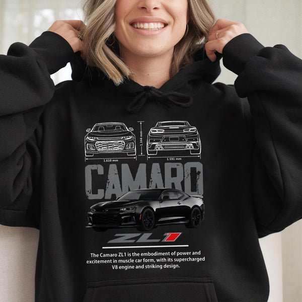 Camaro ZL1 Hoodie | Muscle Car Blueprint Graphic Art | Premium Cotton Blend | Gift For Car Enthusiast, Gearhead, Drag Racing 