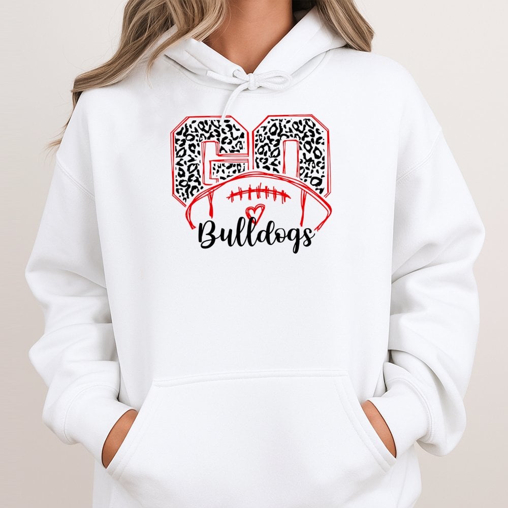 Bulldogs Football Hoodie | Leopard Print Game Day Graphic | Soft Cotton-Poly Blend | Unisex Spirit Wear for Fans and Students