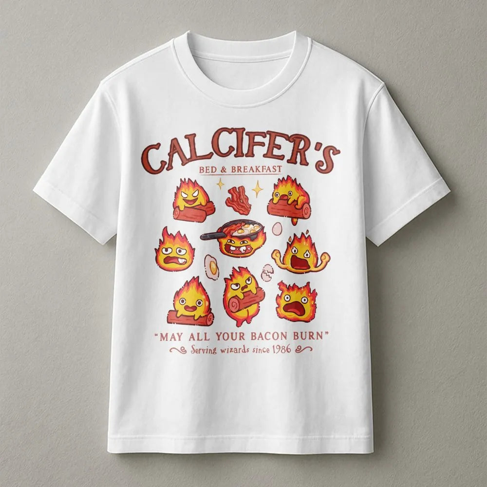 Calcifer Bed and Breakfast T-Shirt | Anime Fire Demon Graphic | Premium Cotton Unisex Tee | Gift for Studio Ghibli Fan