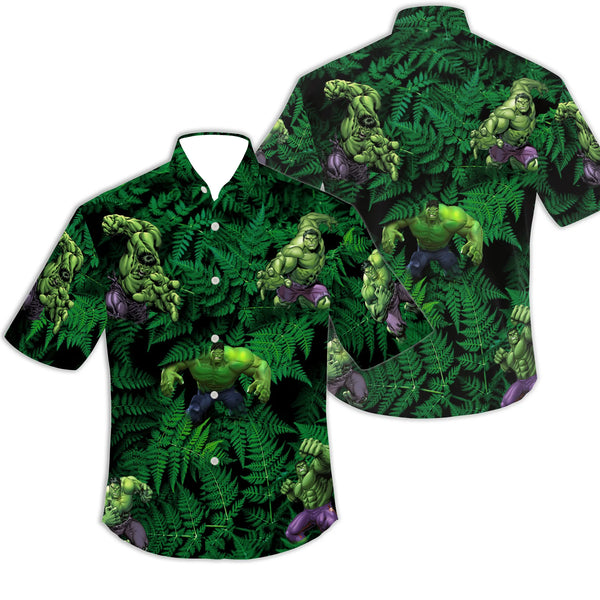 Superhero Fern Print Hawaiian Shirt | Incredible Green Giant Graphic | Lightweight Polyester | Summer Vacation Gift for Fans