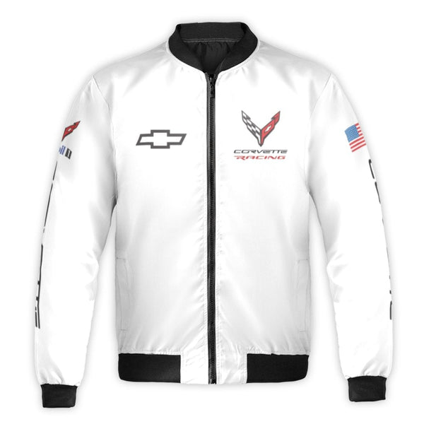 Corvette Racing Bomber Jacket | Chevrolet Sports Car Graphic | Durable Nylon Streetwear | Gift for Auto Enthusiasts