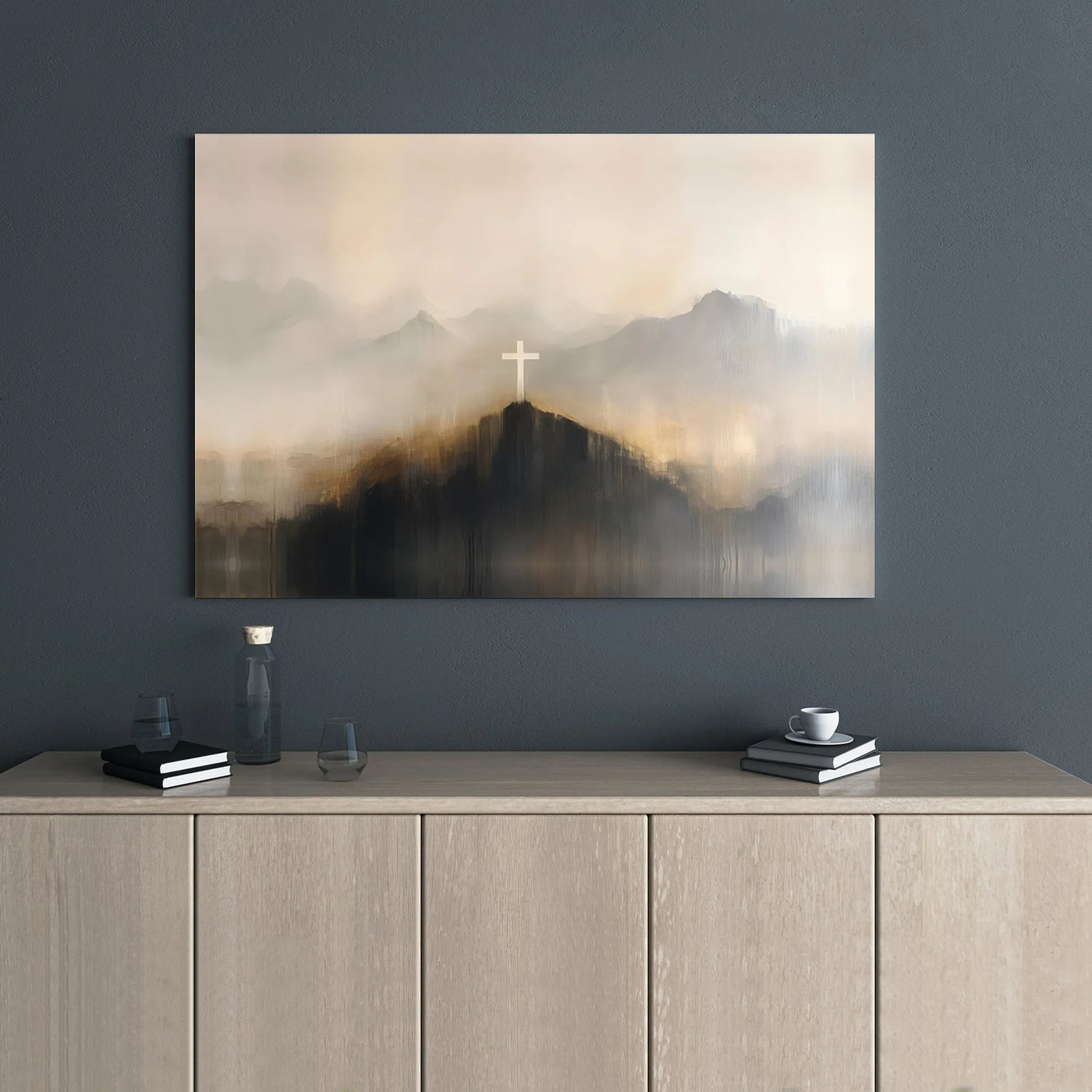 Christian Cross Canvas Wall Art | Abstract Misty Mountain Landscape | Premium 1.25-Inch Gallery Wrap | Religious Home Office 