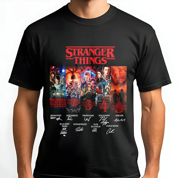 Stranger Things Graphic T-Shirt | Retro Cast Autograph Collage Print | Premium Soft Cotton Tee | Perfect Sci-Fi Fan Gift for 