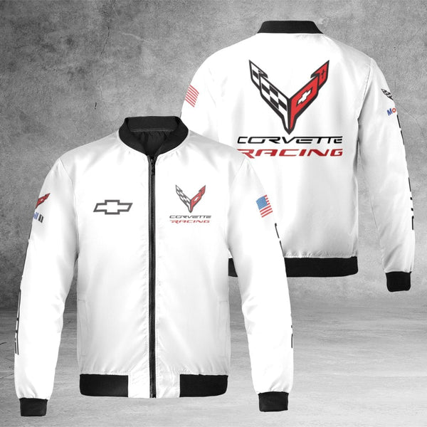 Corvette Racing Bomber Jacket | Chevrolet Sports Car Graphic | Durable Nylon Streetwear | Gift for Auto Enthusiasts
