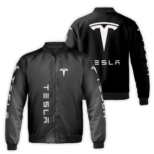 Tesla Logo Bomber Jacket | Unisex Full Zip Streetwear Coat | Durable Nylon Quilted Outerwear | Premium Gift for Electric Car 