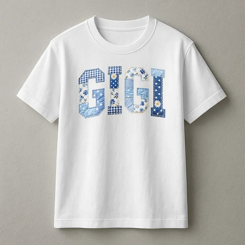 Gigi T-Shirt | Blue Patchwork Faux Appliqué Letters | Soft Cotton Tee | Mothers Day Gift for New Grandma
