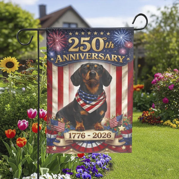 America 250th Anniversary Garden Flag | Patriotic Dachshund Dog | Weather-Resistant Double Sided Fabric | USA Sestercentennia