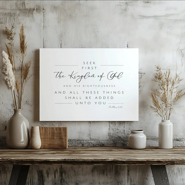 Bible Verse Canvas Print | Seek First The Kingdom of God Matthew 6:33 | Premium Gallery Wrap | Modern Scripture Home Decor Gi