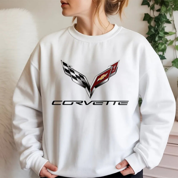 Corvette Logo Sweatshirt | Classic C7 Racing Flag Graphic | Premium Cotton Blend Pullover | Muscle Car Enthusiast Gift