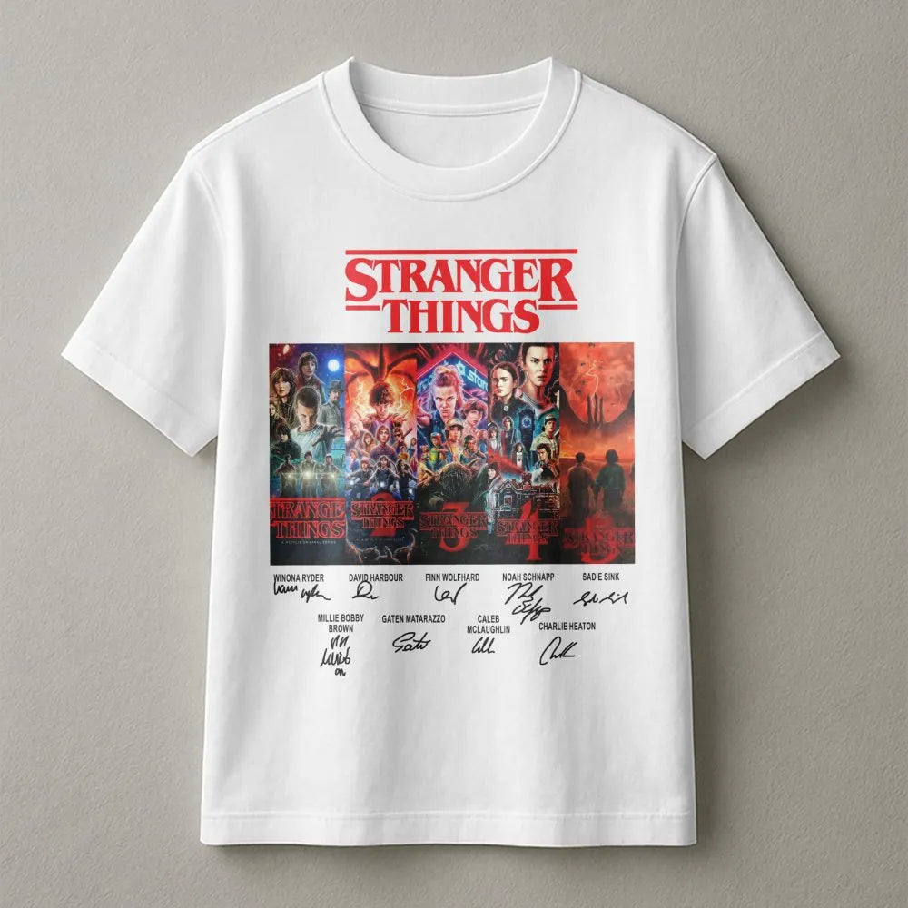 Stranger Things Graphic T-Shirt | Retro Cast Autograph Collage Print | Premium Soft Cotton Tee | Perfect Sci-Fi Fan Gift for 