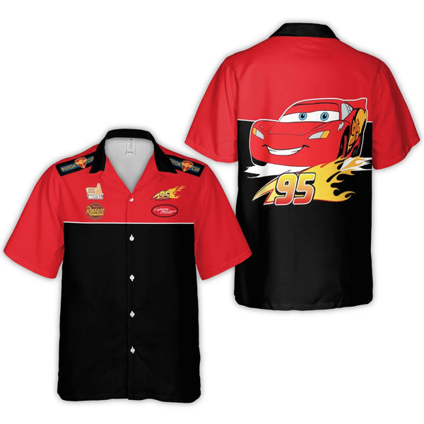 Lightning McQueen Hawaiian Shirt | Rust-Eze Mechanic Style Graphic | Woven Polyester Fabric | Collector's Gift For Cars Movie