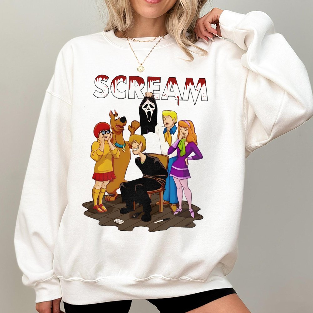 Cartoon Mystery Crew Horror Mashup Sweatshirt | Funny Halloween Graphic Pullover | Soft Cotton Blend Unisex Apparel | Unique 